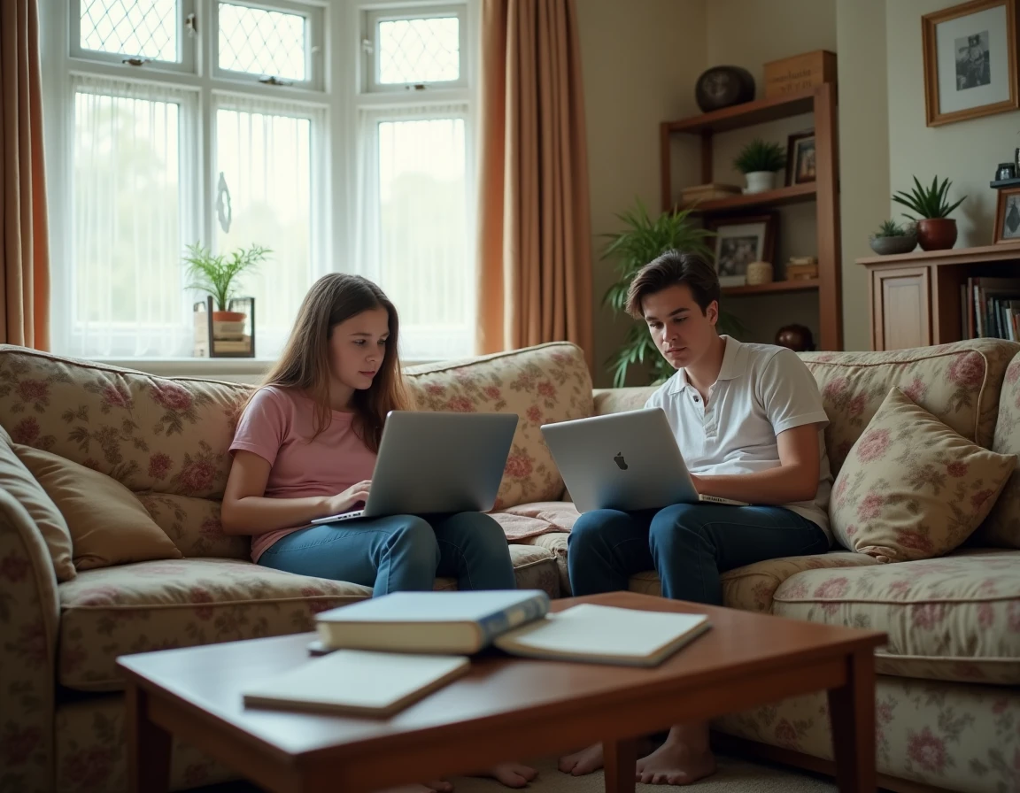 Jeune étudiant et membre de la famille d'accueil anglaise révisant ensemble dans un salon confortable et économique