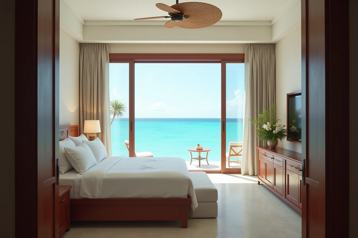 Suite de luxe dans un hôtel en Guadeloupe avec vue directe sur la mer depuis le lit