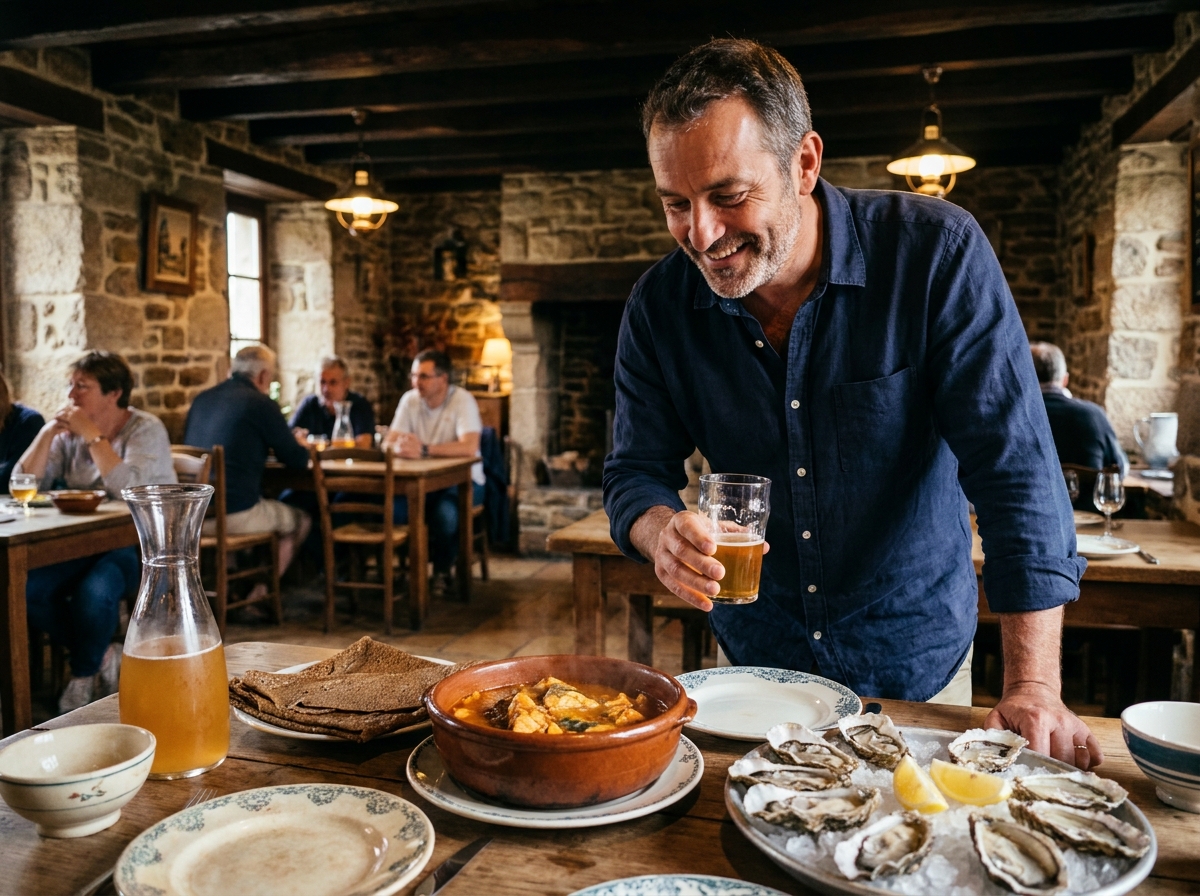 Homme savourant un repas breton traditionnel dans un restaurant rustique en pierre, galettes et fruits de mer sur la table