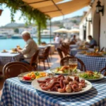 Terrasse de taverne grecque traditionnelle au port de Chalki avec plats locaux typiques et vue sur les bateaux de pêche