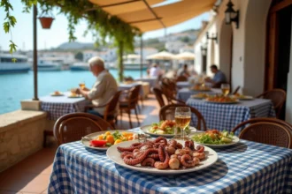 Terrasse de taverne grecque traditionnelle au port de Chalki avec plats locaux typiques et vue sur les bateaux de pêche