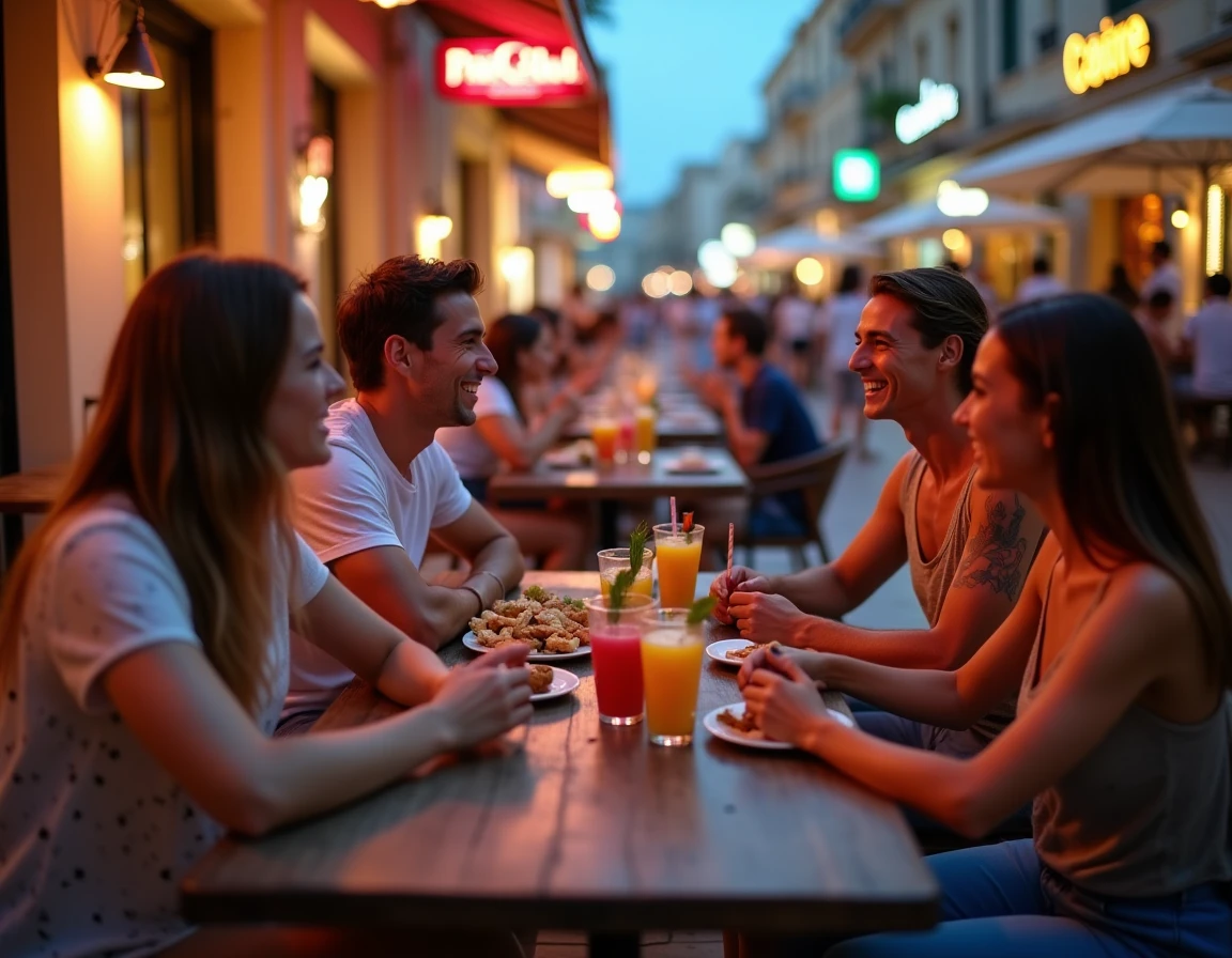 Groupe d'amis profitant d'une terrasse animée à Paceville, quartier festif de St Julian's à Malte