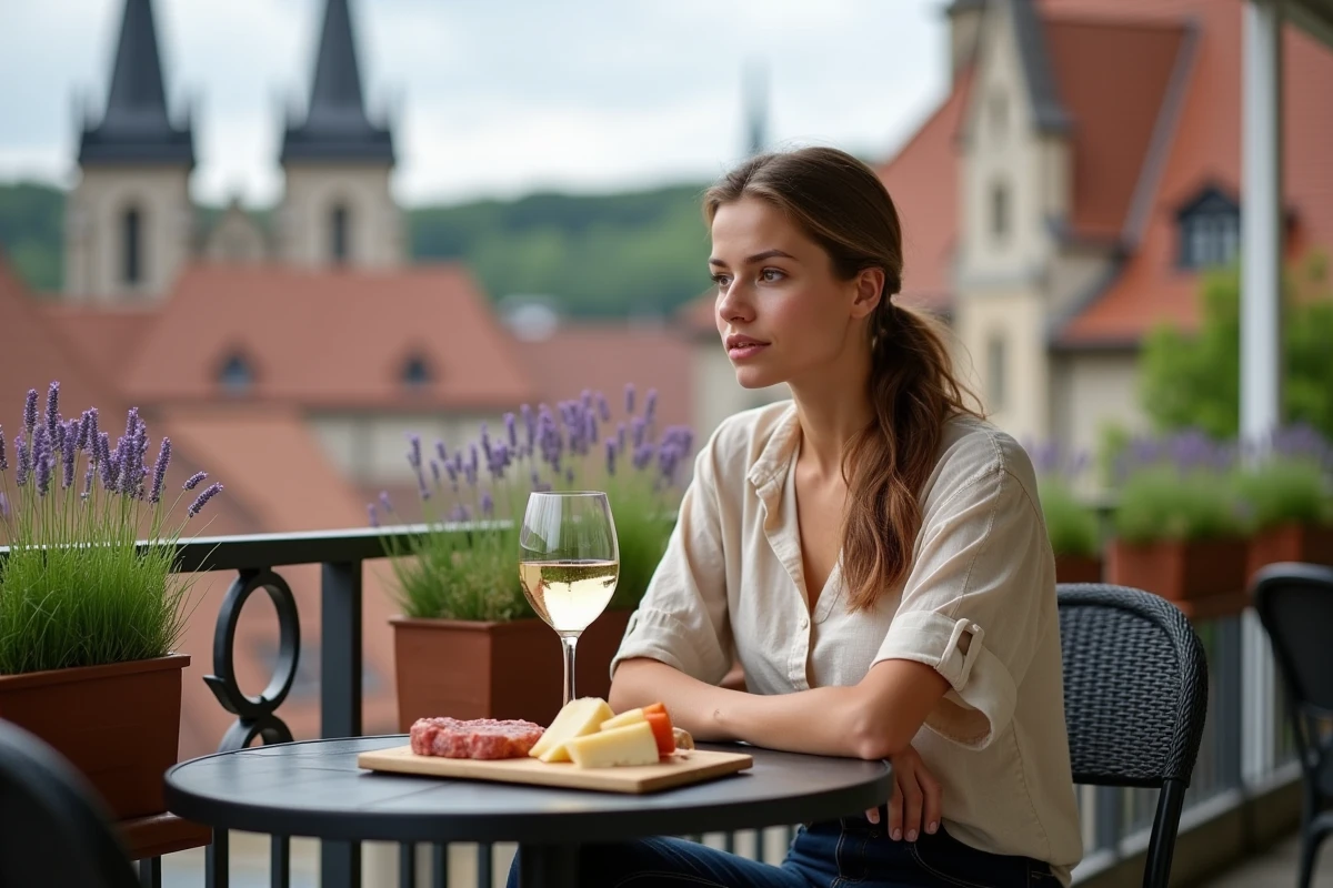 Femme dégustant un verre de Riesling en terrasse avec une planche de charcuterie locale, la cathédrale de Speyer visible en arrière-plan
