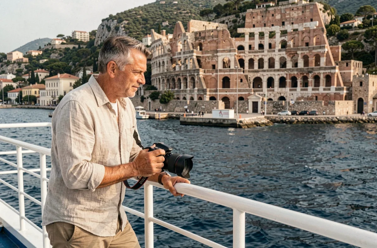Touriste photographiant des ruines antiques méditerranéennes depuis le pont d'un navire de croisière lors d'une escale
