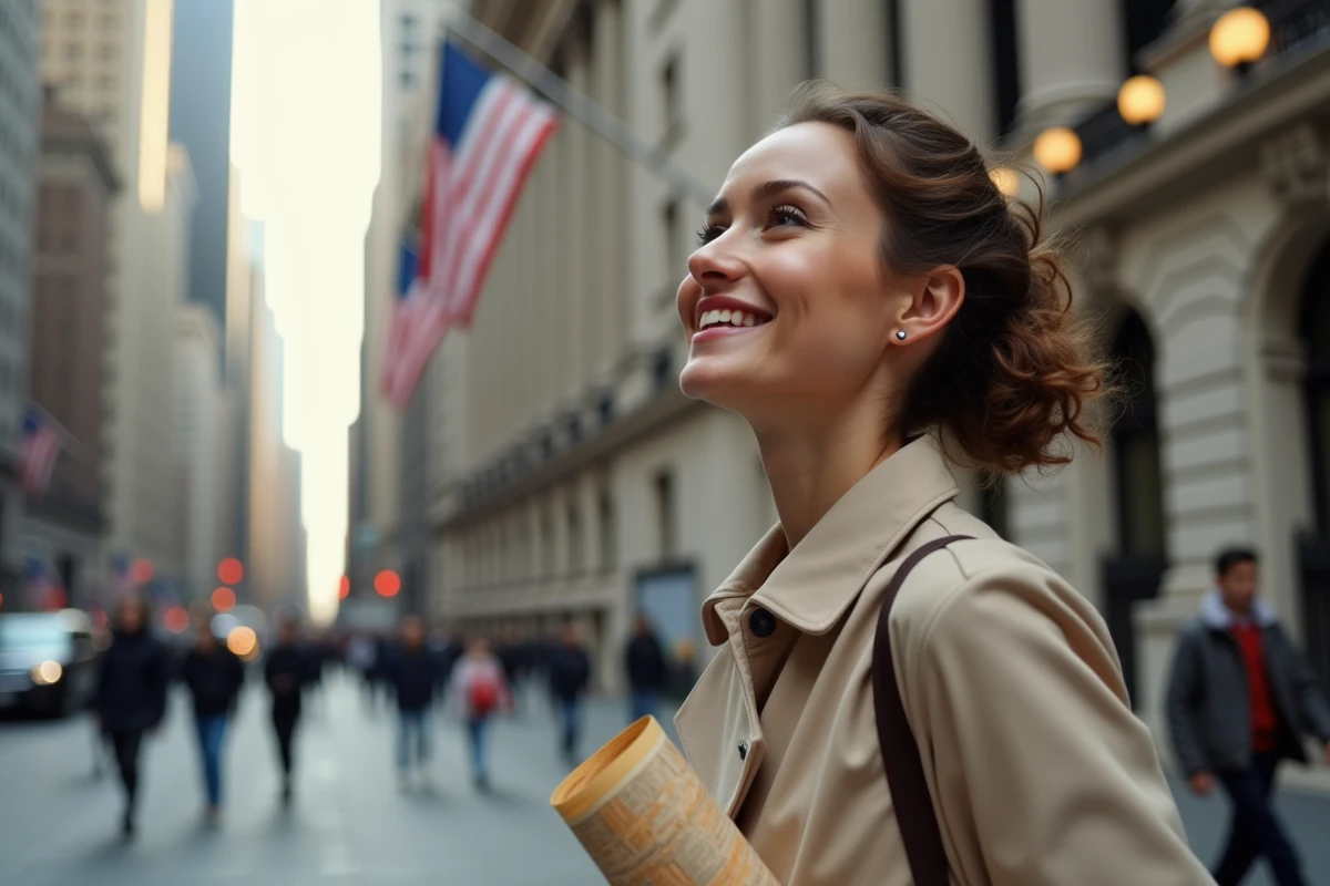 Touriste consultant une carte devant Federal Hall sur Wall Street, promenade pédestre dans le Financial District de New York