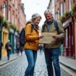 Couple de touristes consultant une carte dans les rues pavées de Temple Bar à Dublin lors d'une escale de croisière