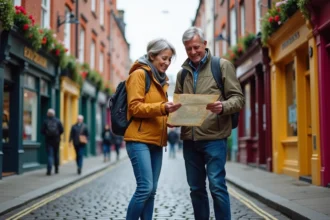 Couple de touristes consultant une carte dans les rues pavées de Temple Bar à Dublin lors d'une escale de croisière