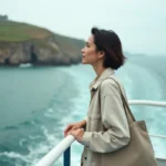 Passagère sur le ferry Groix-Lorient regardant l'île de Groix depuis le pont avant du bateau