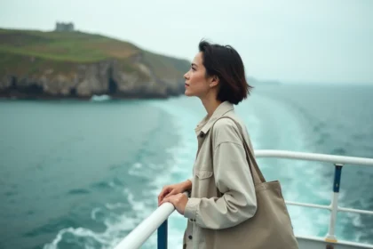 Passagère sur le ferry Groix-Lorient regardant l'île de Groix depuis le pont avant du bateau