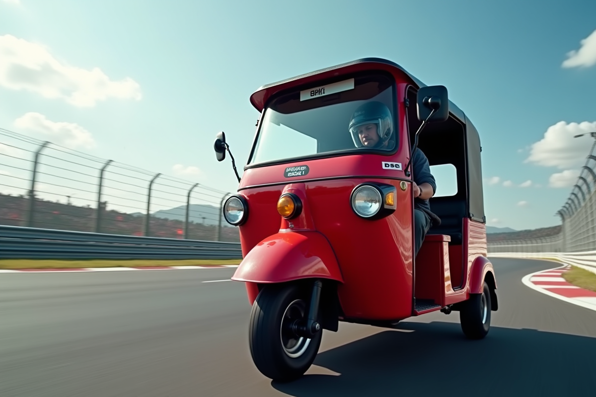 Tuk tuk rouge en test sur circuit avec compteur digital