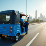 Tuk tuk bleu roulant vite en ville en pleine journée