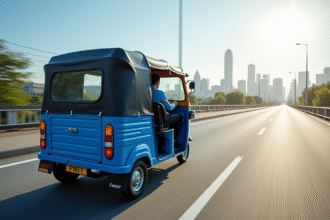 Tuk tuk bleu roulant vite en ville en pleine journée
