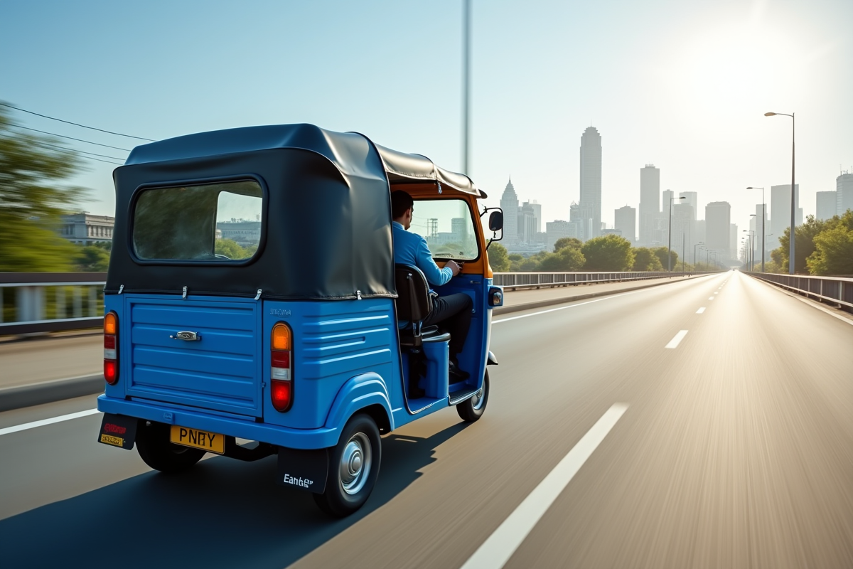 Tuk tuk bleu roulant vite en ville en pleine journée