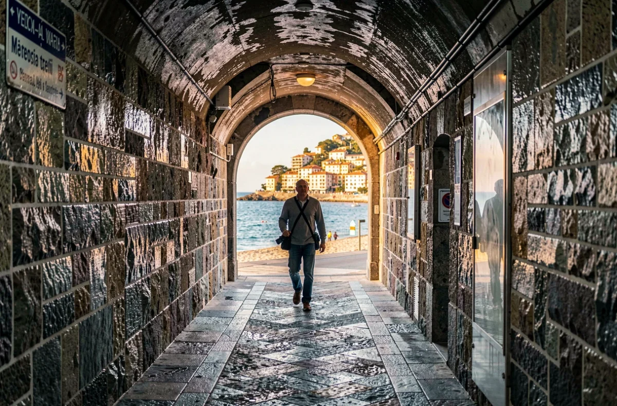Tunnel piéton reliant le vieux village de Monterosso à la plage de Fegina avec un promeneur