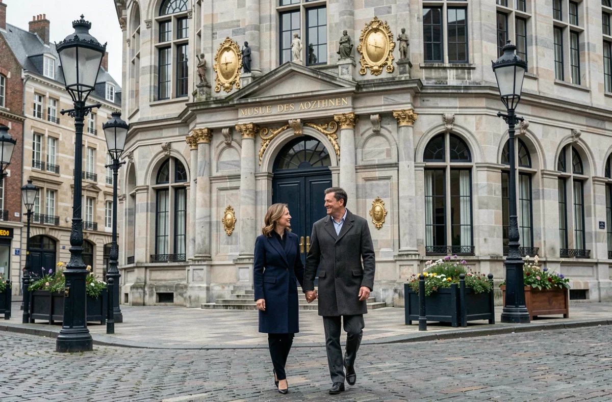 Couple se promenant main dans la main dans le centre historique de Valenciennes devant le Musée des Beaux-Arts