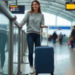 Femme déposant une valise cabine sur une jauge de mesure au comptoir d'enregistrement Air France
