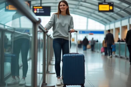 Femme déposant une valise cabine sur une jauge de mesure au comptoir d'enregistrement Air France
