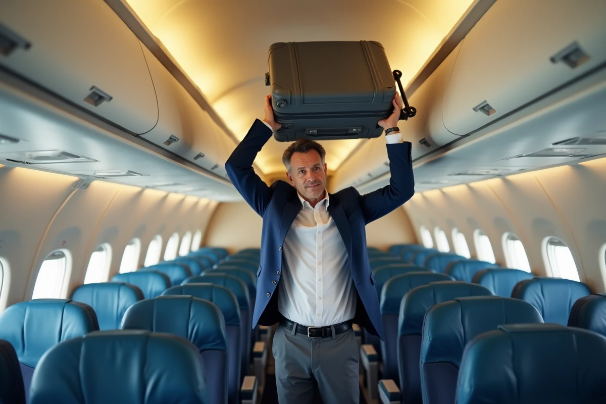 Passager rangeant une valise cabine dans le compartiment supérieur d'un avion Air France