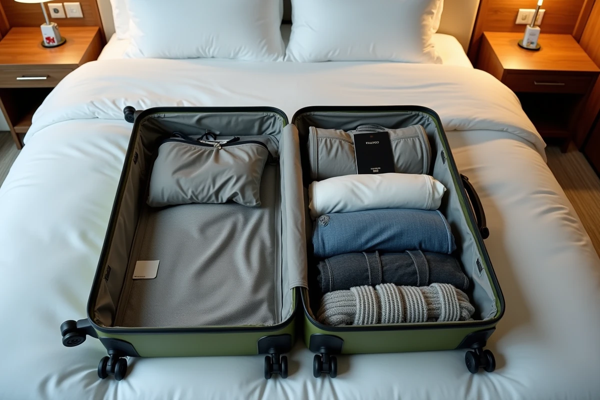 Valise cabine ouverte et bien organisée posée sur un lit d'hôtel avant un voyage Air France