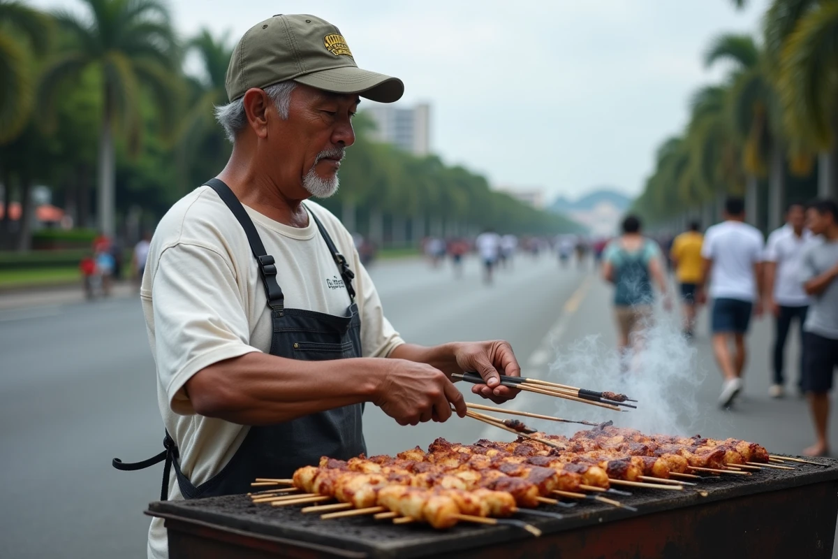 Vendeur de rue philippin grillant des brochettes près du parc Rizal à Manille, avec des fumées de charbon et une ambiance authentique de la vie locale