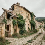 Vieille ferme en pierre abandonnée dans un village désert du sud de la France, envahie par la végétation sauvage et les herbes folles