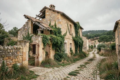 Vieille ferme en pierre abandonnée dans un village désert du sud de la France, envahie par la végétation sauvage et les herbes folles