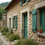 Maison en pierre d'un village abandonné de France partiellement restaurée, contraste entre murs vieilli et rénovation moderne avec volets verts
