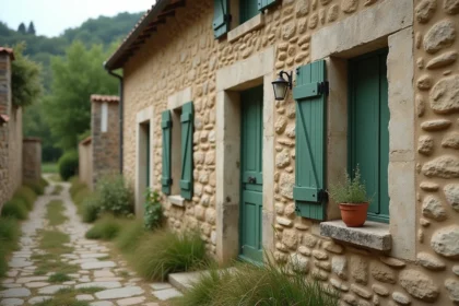 Maison en pierre d'un village abandonné de France partiellement restaurée, contraste entre murs vieilli et rénovation moderne avec volets verts