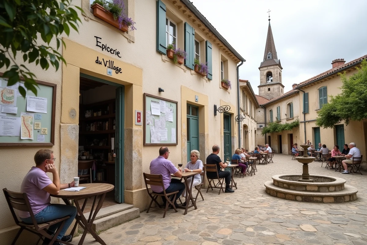 Place de village abandonné revitalisé en France avec habitants attablés devant une épicerie rénovée, ambiance communautaire authentique