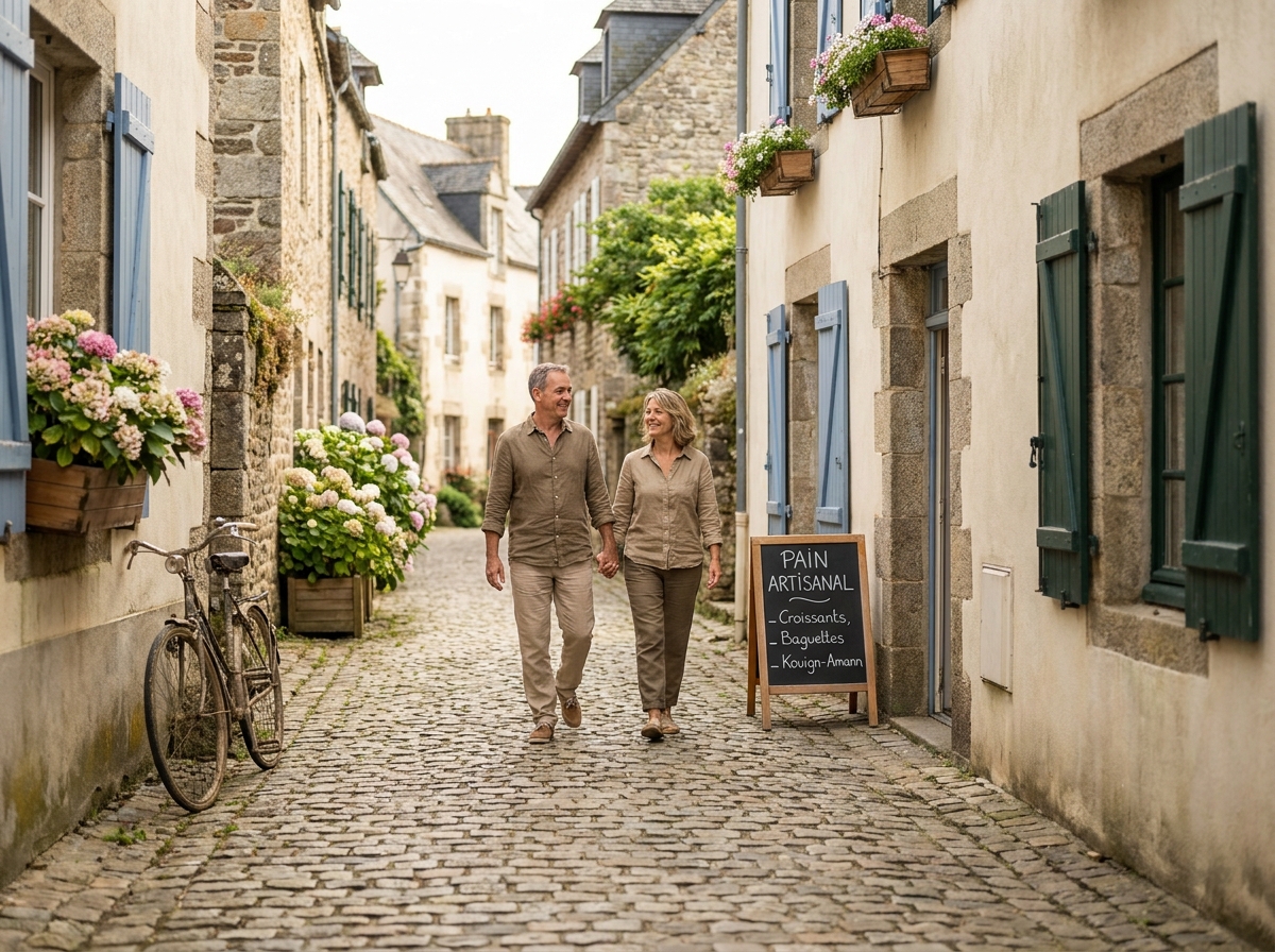 Couple se promenant dans une rue pavée d'un village de caractère en Bretagne, maisons en pierre et hortensias