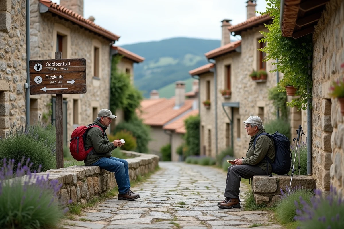 Village cévenol en pierre sèche avec randonneursau repos et panneau de sentier de randonnée dans les Cévennes