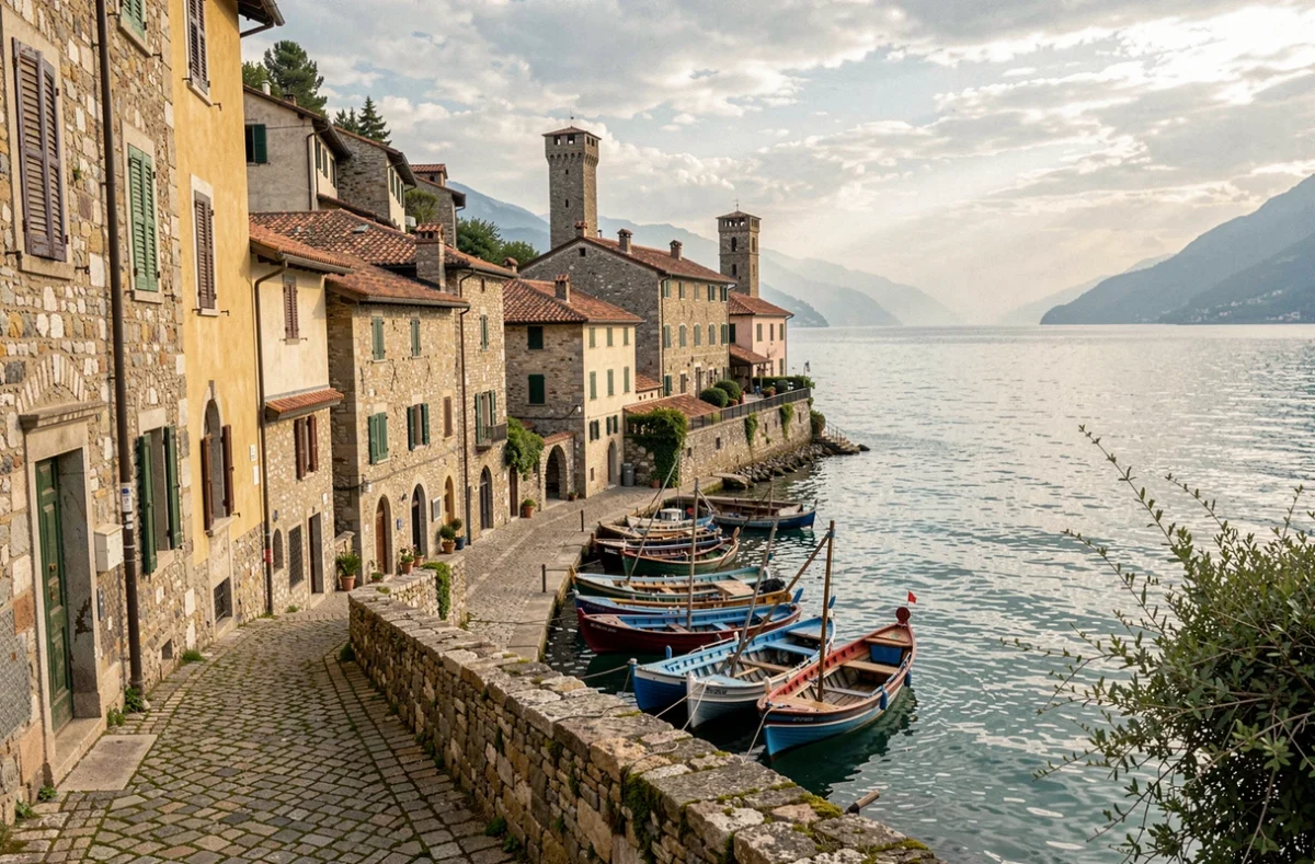 Village historique au bord du lac de Garde avec son port et ses bateaux de pêche traditionnels en Italie