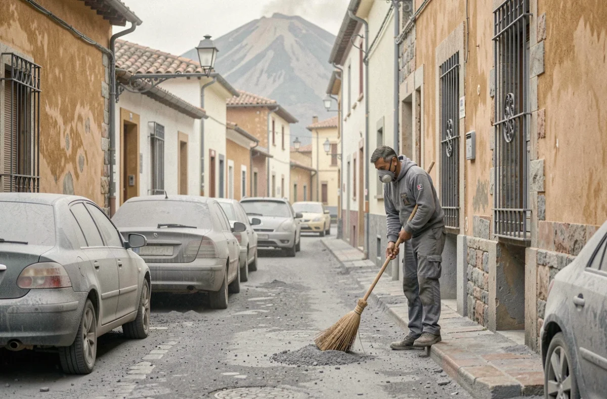 Habitant d'un village sicilien recouvrant les cendres de l'Etna sur une rue grise et poussiéreuse