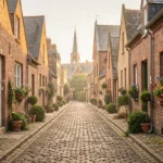 Vue d'une rue pavée typique d'un village du Nord de la France avec ses maisons en briques flamandes et son clocher en arrière-plan