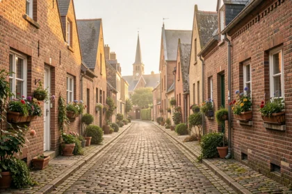 Vue d'une rue pavée typique d'un village du Nord de la France avec ses maisons en briques flamandes et son clocher en arrière-plan