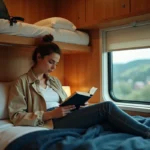 Femme assise dans un compartiment couchette de train Eurorail lisant un livre, ambiance voyage de nuit en Europe