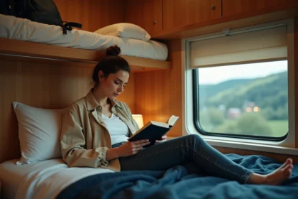 Femme assise dans un compartiment couchette de train Eurorail lisant un livre, ambiance voyage de nuit en Europe