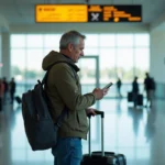 Homme d'âge moyen vérifiant son smartphone à l'aéroport Mohammed V
