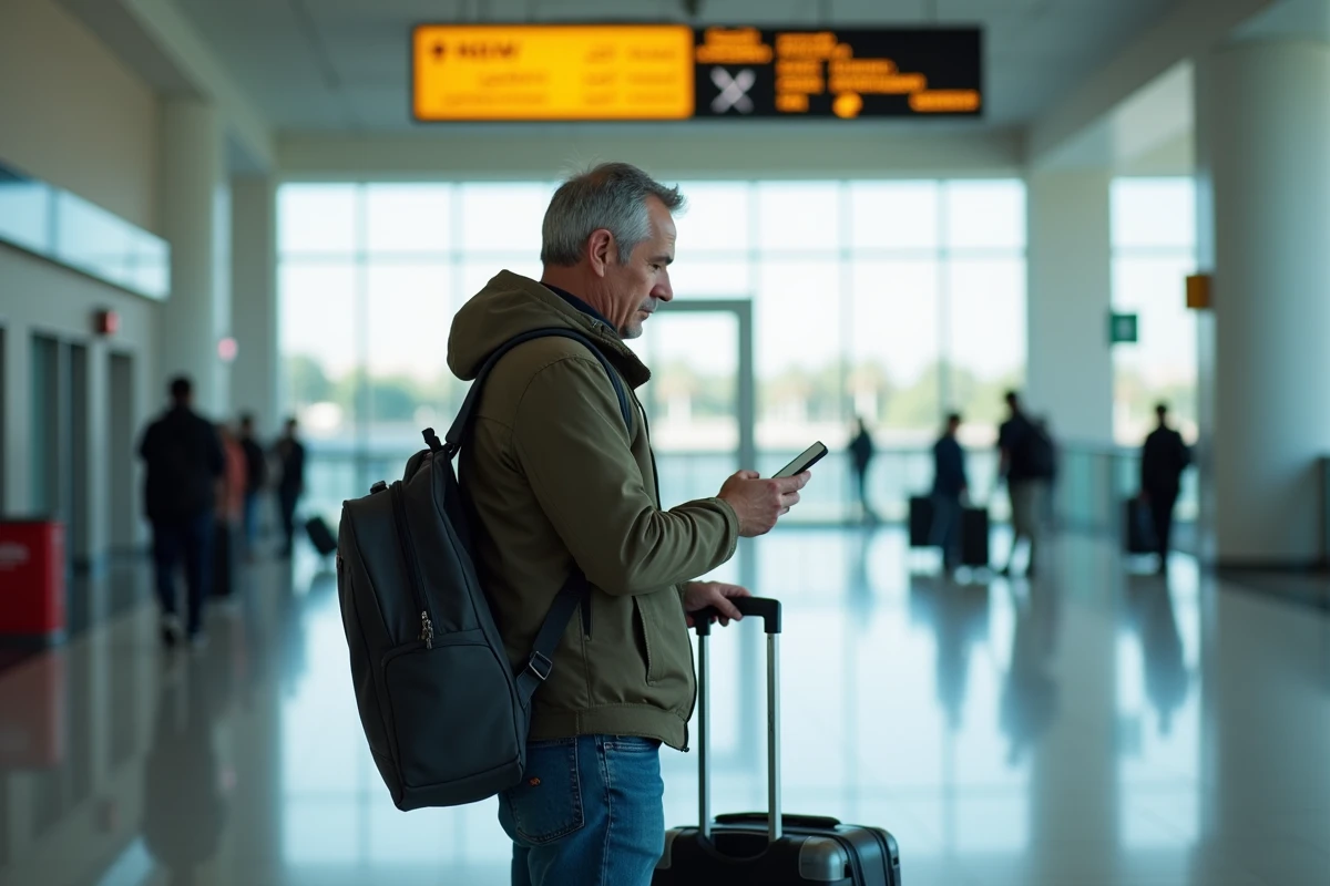 Homme d'âge moyen vérifiant son smartphone à l'aéroport Mohammed V