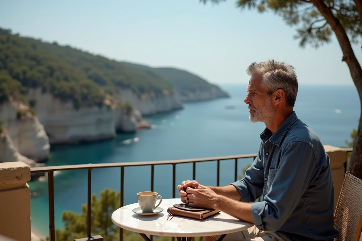 Voyageur contemplatif sur une terrasse de café en bord de falaise sur la côte méditerranéenne française