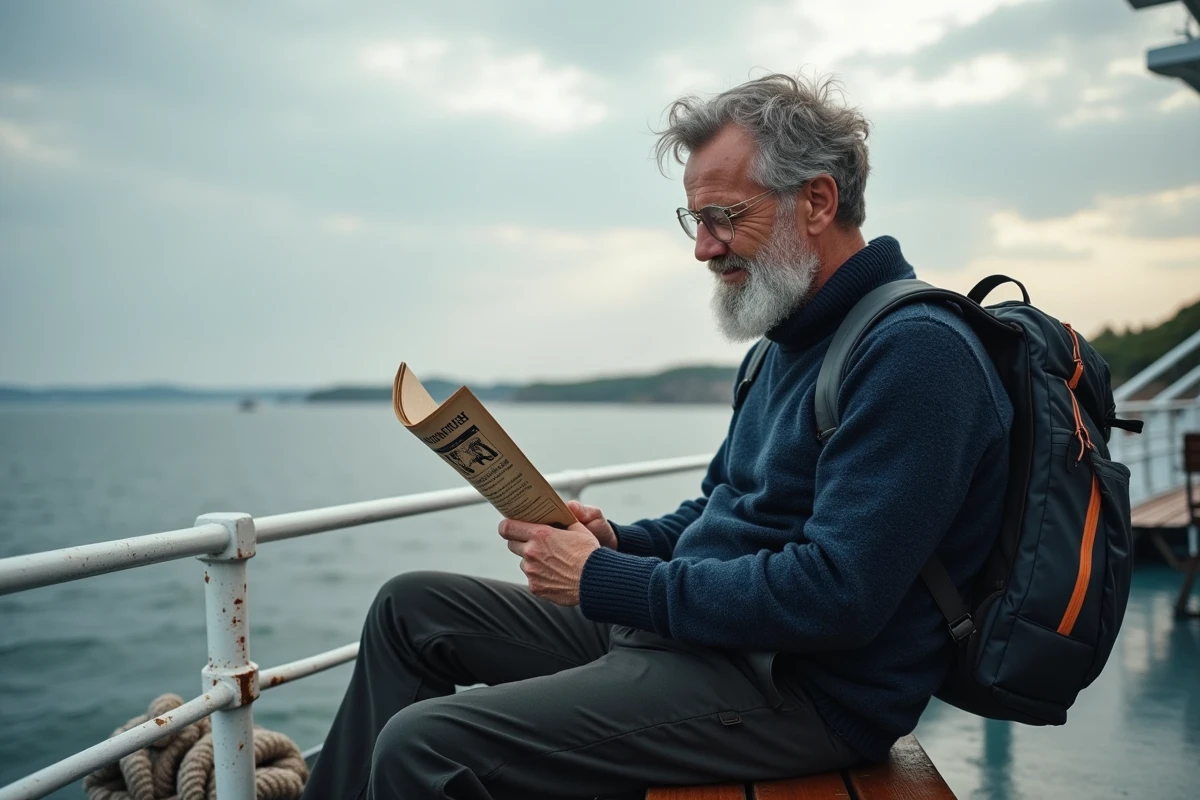 Voyageur écoresponsable lisant un guide sur le pont supérieur du ferry reliant Lorient à l'île de Groix