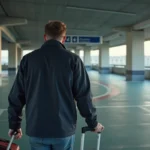 Voyageur avec valise dans le parking P5 de l'aéroport de Toulouse tôt le matin