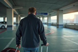 Voyageur avec valise dans le parking P5 de l'aéroport de Toulouse tôt le matin