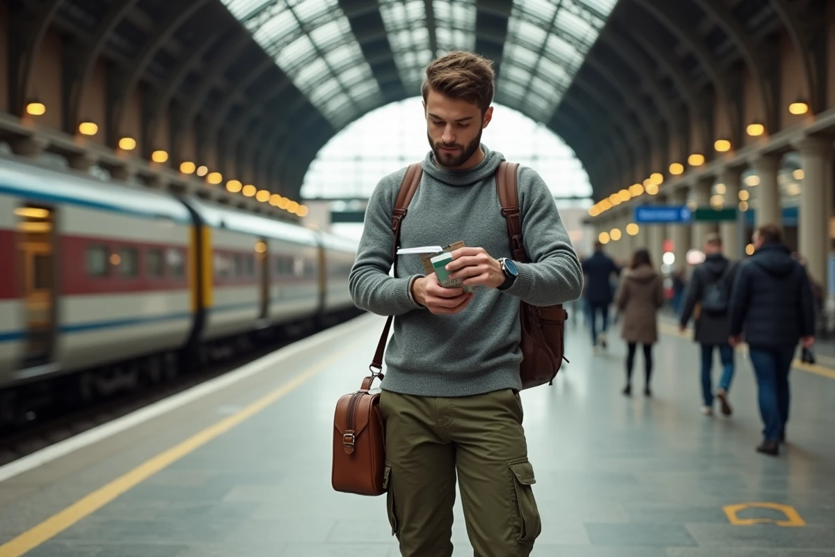 Voyageur consultant son pass Eurorail sur un quai de grande gare ferroviaire européenne historique