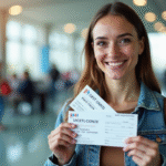 Voyageur souriant tenant des billets de vacances et un billet d'avion à l'aéroport