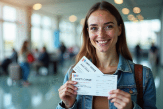 Voyageur souriant tenant des billets de vacances et un billet d'avion à l'aéroport