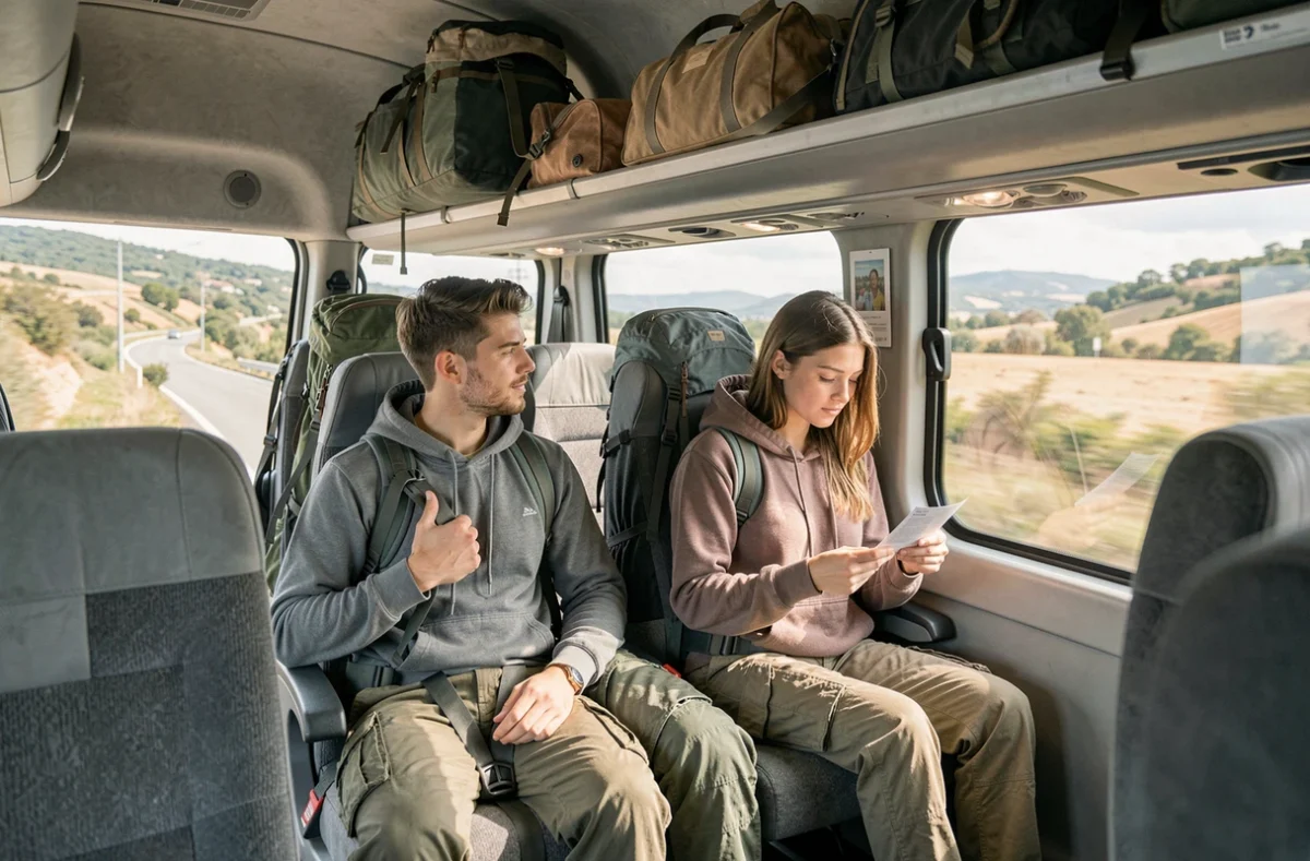 Deux voyageurs avec bagages à bord d'un car entre Marseille et Aix-en-Provence