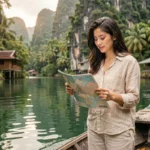 Voyageuse sur un bateau longtail en Thaïlande consultant une carte en pleine nature tropicale