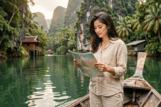 Voyageuse sur un bateau longtail en Thaïlande consultant une carte en pleine nature tropicale