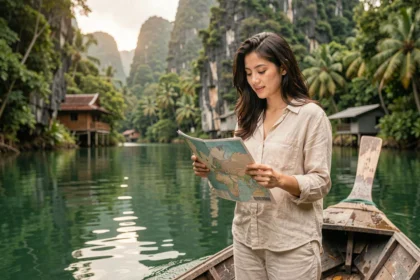 Voyageuse sur un bateau longtail en Thaïlande consultant une carte en pleine nature tropicale